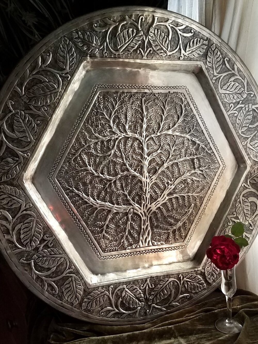Repousse Tree Art Plaque by John-Richard, Handmade in India, 23" Round Metal